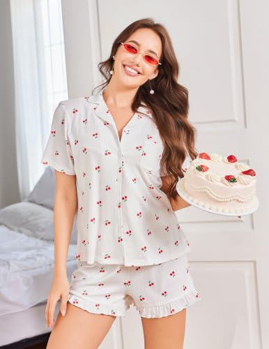 Ekouaer Women's Pajamas Sets Button Down Pjs Short Sleeve Ruffle Sleepwear - color: Cherry, size: Large