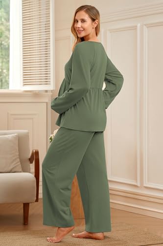 OUGES Womens Cotton Blend Maternity Pajama Sets Tie Front Loungewear Pregnancy Sleepwear Top & Long Pants with Pockets - color: Army Green, size: Small