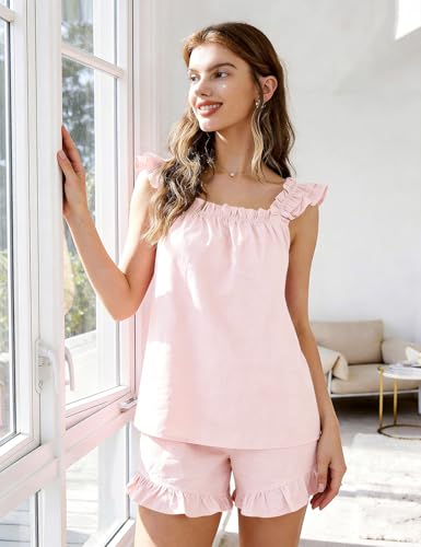 COZYPOIN Women's 2‑Piece Cotton Ruffle Bridal Pajama Set - color: Lightpink, size: Medium