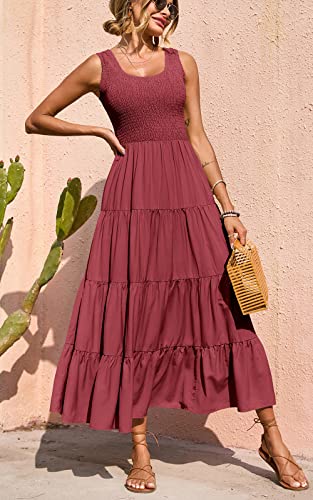 PRETTYGARDEN Women's Smocked Tank Casual Plain Maxi Sundress with Pockets - color: Bean Paste Red, size: Small