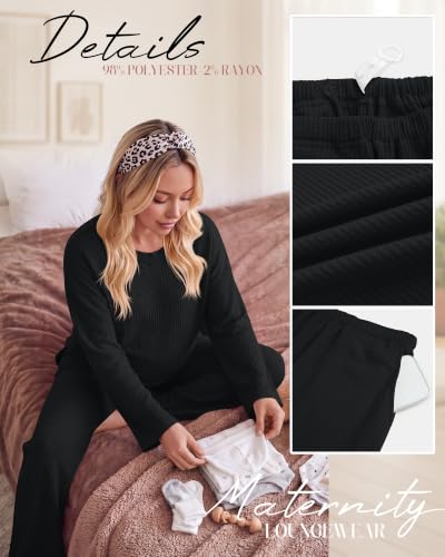 Huukeay Women's Maternity 2 Piece Waffle Outfits Lounge Set - color: Black, size: Medium