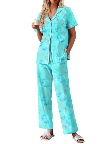 Ekouaer Women's Cotton Pajamas Set Short Sleeve Button Down Pjs with Pants - color: Butterfly, size: Small