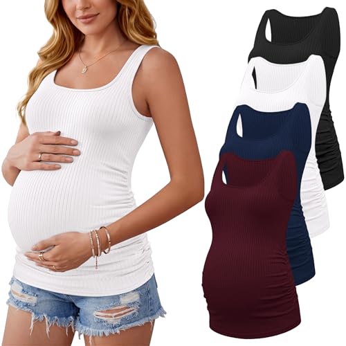 Ekouaer 4 Pack Maternity Tank Tops Ribbed Summer Pregnancy Shirts Black/Dark Red/Navy Blue/White XL