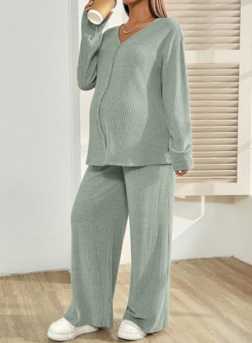 BLENCOT Maternity Lounge Set 2 Piece Long Sleeve Top and Pants with Pockets - color: Light Green, size: XX-Large