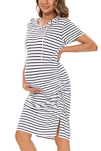 Women's Maternity Hoodie Dress Short Sleeve Split Side Ruched Pregnancy Clothes - color: White Navy Stripe, size: XX-Large