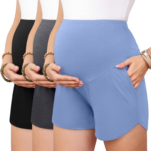 3 Pack Women's Maternity Shorts - color: Black, Dark Heather Grey, Sky Blue, size: Large