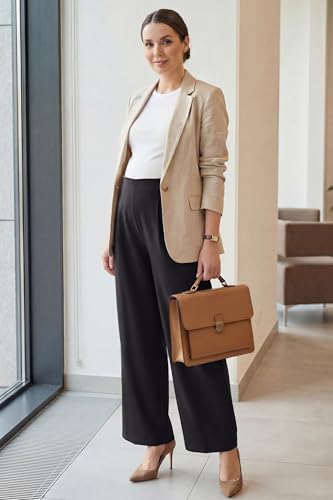 OUGES Women's Linen Maternity Pants Casual Work Adjustable Waist Straight Leg Business Office Trousers with Pockets - color: Black, size: X-Large