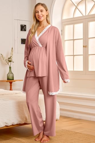 OUGES Womens Cotton Blend Maternity Nursing Robe Set 3 PCS Postpartum 3 in 1 Labor Delivery Hospital Pjs Tank Top & Pants - color: Pink, size: Small