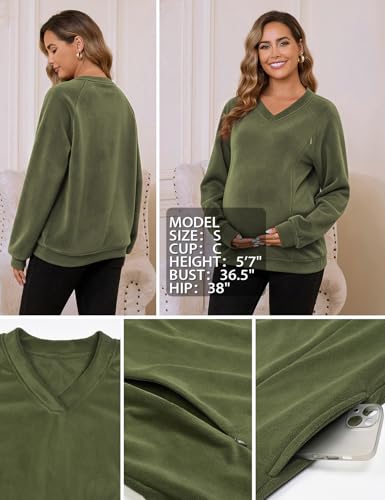 Bhome Fleece Breastfeeding Shirts Hidden Zipper Nursing Tops Pumping Friendly Sweatshirt Oversized Pullover with Pockets - color: Olive Green, size: Medium