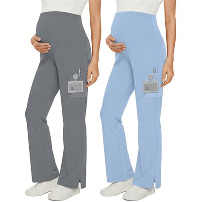 2 Pack Women's Maternity Wide Leg Cargo Scrub Pants - color: Cool Light Gray, Light Gray Blue, size: X-Large