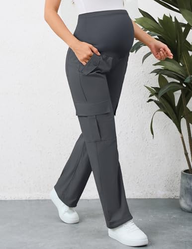 AMPOSH Women's Maternity Cargo Pants with 6 Pockets Quick-Dry Pregnancy Hiking Pants - color: Dark Gray, size: Medium