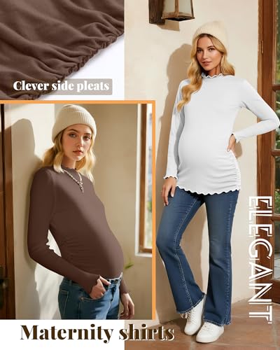 4 Pack Women Maternity Side Ruched Long Sleeve Shirts - color: Brown, White, Light Gray, Black, size: Large