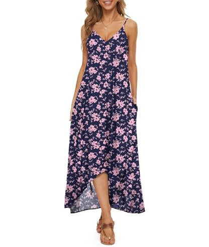 LILBETTER Women V-Neck Polka Dot Print Spaghetti Strap Boho Long Maxi Dresses - color: Navy Blue Pink, size: Medium