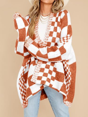 Saodimallsu Womens Checkered Cardigan Sweater - color: Caramel, size: Large