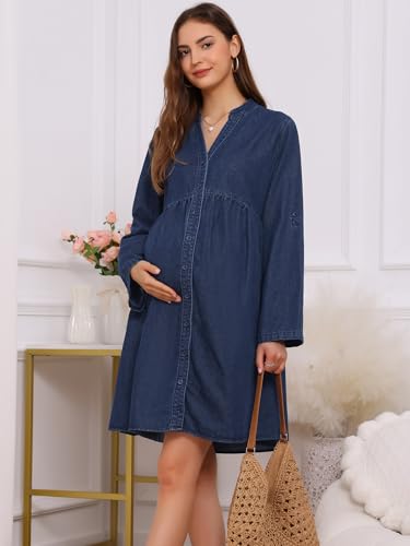 Women's Maternity Denim Dress Babydoll Long Sleeve Cotton Button Down Shirt Dresses Fall - color: Deep Blue, size: Large