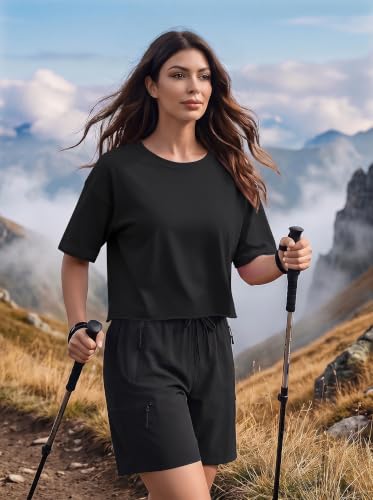 Women's Summer Short Sleeve Crop Tops Cotton Athletic Yoga Running T-Shirts - color: Black, size: Medium