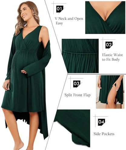 Ekouaer Maternity Nursing Gown and Robe Set Labor Delivery Nightgowns - color: Dark Green, size: Small