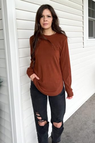 OFEEFAN Womens Sweatshirt Crewneck Long Sleeve Shirts High Low Tops Curved Hem - color: D-caramel, size: Small