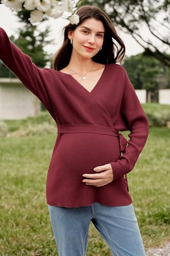 OUGES Womens Soft Cotton Blend Maternity Sweater Wrap V Neck Long Sleeve V Back Fall Shirts Pregnancy Outfits with Belt - color: Wine Red, size: Medium