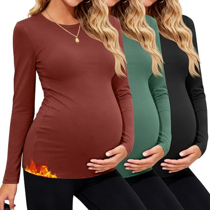 3 Pack Women's Thermal Maternity Shirts - color: Brick Red, Emerald, Black, size: Large