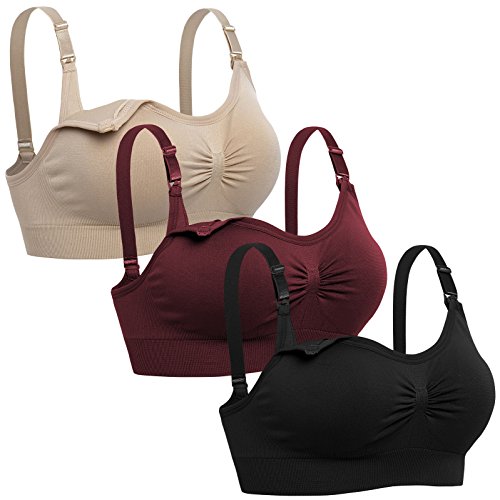 Womens Seamless Nursing Bra Sleeping Maternity Bralette for Breastfeeding Pack of 3 - color: Black Beige Red, size: XX-Large