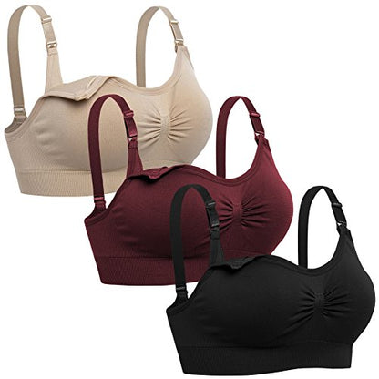 Womens Seamless Nursing Bra Sleeping Maternity Bralette for Breastfeeding Pack of 3 - color: Black Beige Red, size: XX-Large