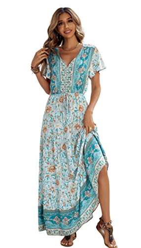 R.Vivimos Womens Summer Boho Floral Print V Neck Flowy Dress - color: Lightgreen, size: Large