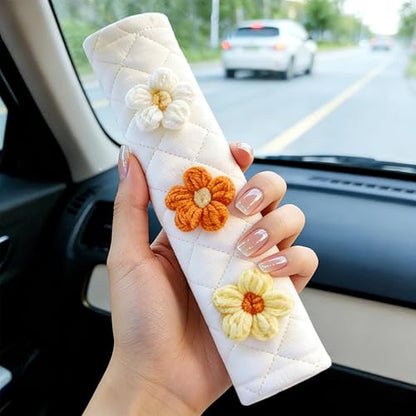 Amooca 2-Pack Braid Pattern Seat Belt Covers Shoulder Pads for Car & Bag - color: Yellow Orange White Flower
