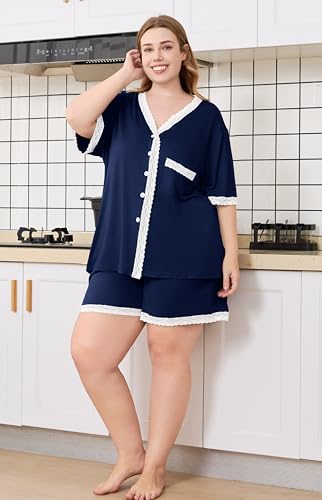 Plus Size Women Pajama Sets Button Down Lace Trim 2pcs Nightwear - color: Navy, size: X-Large