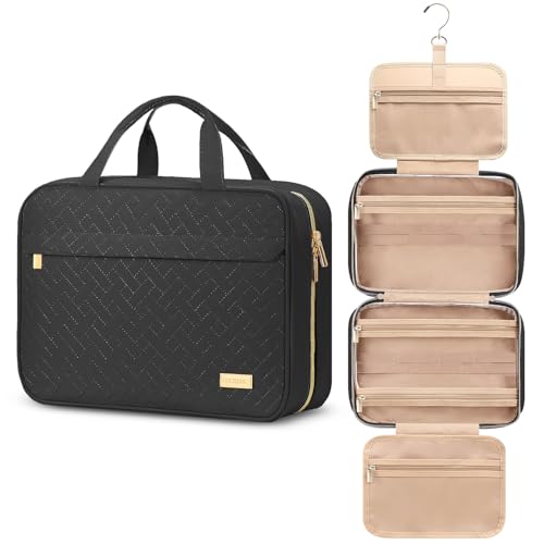 Hanging Travel Toiletry Bag, Large Capacity Cosmetic Organizer for Full-size Bottle with 4 Compartment for Daily Use - color: Black
