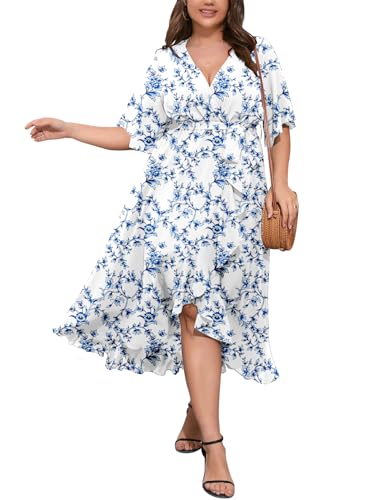 SCOMCHIC Women Plus Size Wedding Guest Maxi Dress - color: White Blue Floral, size: Large
