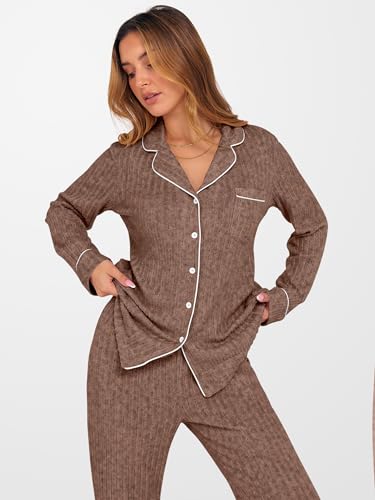 ANRABESS Women 2 Piece Pajama Lounge Sets 2026 Fall Outfits - color: Brown, size: Medium