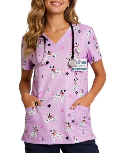 Women's Print Scrub Tops V Neck Short Sleeve Fun Scrubs Shirts - color: Puppy, size: X-Large