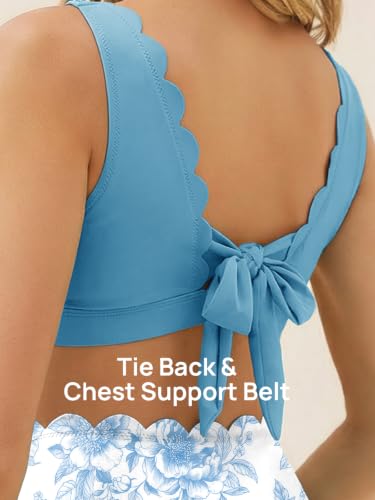 Scalloped Maternity Bikini Swimsuit Two Piece Bow Tie Swimwear - color: Blue and White Flowers, size: 10