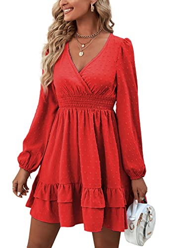 Rooscier Women's Wrap V Neck Swing Ruffle Swiss Dots Long Sleeve Mini Dress - color: True Red, size: Small