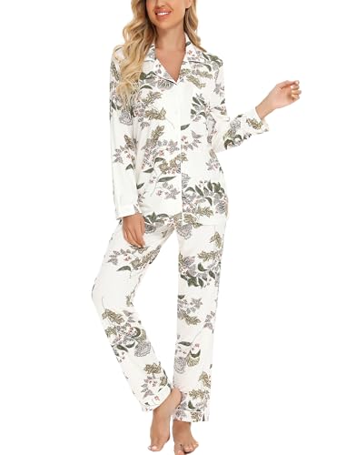 Leikar Button Up Pajamas For Women Long Sleeve Viscose Soft Pjs Lounge - color: Maple Flower, size: Small