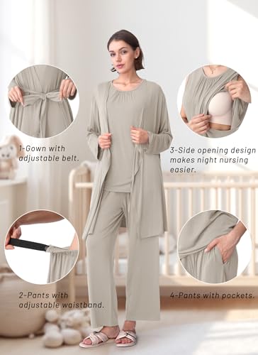 Rnxrbb 3 PCS Nursing Pajamas Robe Set Maternity Postpartum Pjs for Hospital - color: Beige, size: X-Large