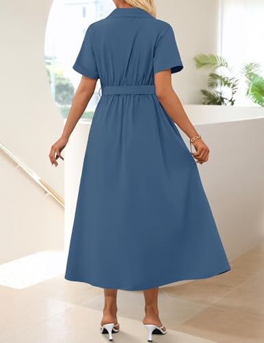 ZESICA Women's Summer Button Down Short Sleeve Midi Dress - color: Navy, size: Small