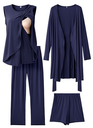 Rnxrbb 4 PCS All-Season Nursing Pajamas Robe Set Maternity Postpartum Pjs - color: Navy, size: Small