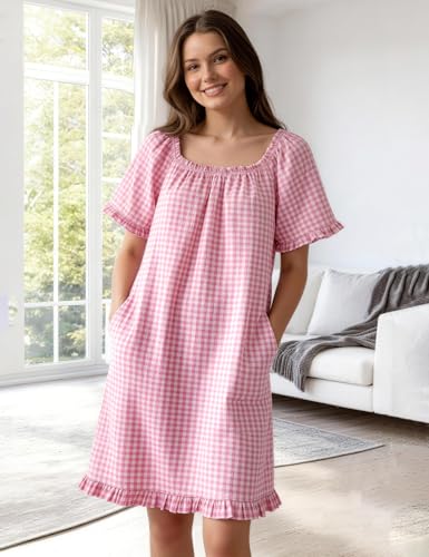 Flygo Womens Gingham Nightgown Cotton Pullover House Dress with Pockets - color: Pink, size: Large