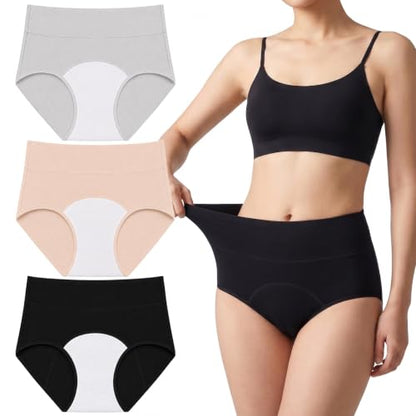 Period Underwear for Women, Leak Proof Menstrual Panties Multi-pack, High Waisted Cotton Full Coverage Briefs - color: Black/Nude/Light Grey, size: X-Large