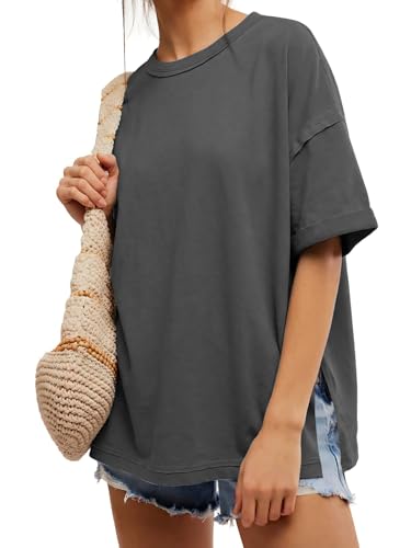 EXLURA Womens Summer Oversized T Shirts 2026 Casual Short Sleeve Loose Maternity Tops Crewneck Tunic Plus Gym Workout Top - color: Dark Grey, size: Small