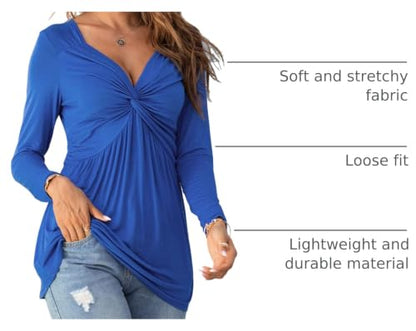 Tankaneo Women V-Neck Front Knotted Tshirt Long Sleeve Oversized Tunic Top - color: B21-blue, size: X-Large