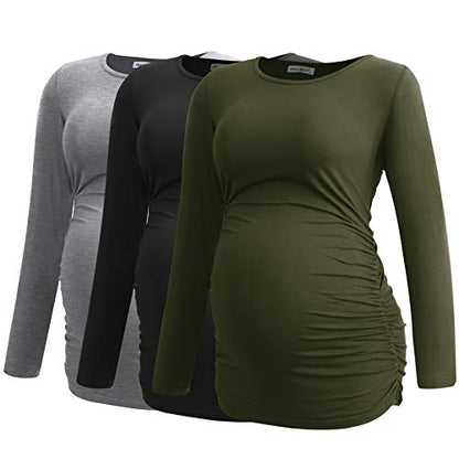Smallshow Women's Maternity Shirts Long Sleeve Pregnancy Clothes Tops 3-Pack - color: Black/Light Grey/Army Green, size: Small