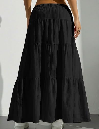 DERAX Womens Maxi Skirt Boho Flowy Ruffle Elastic Waist Long Skirts - color: Black, size: Large