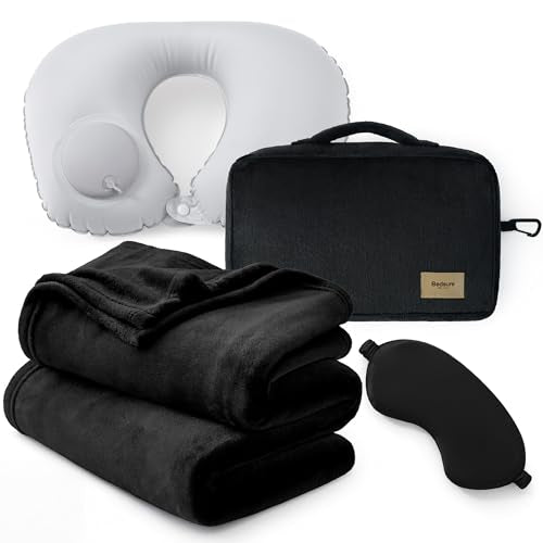 Bedsure Travel Blanket Set with Inflatable Neck Pillow and Eye Mask, Black - color: Black