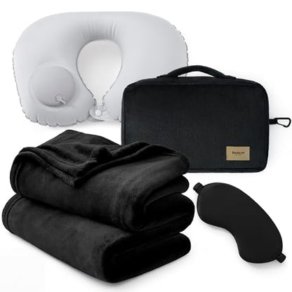 Bedsure Travel Blanket Set with Inflatable Neck Pillow and Eye Mask, Black - color: Black