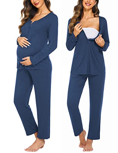Ekouaer Maternity Nursing Pajama Set Long Sleeve Postpartum Pjs Mom Clothes - color: Blue, size: Medium
