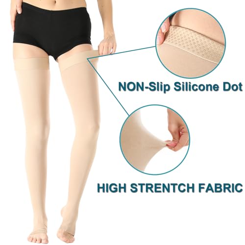 Medical Thigh High Compression Socks 20-30 mmHg for Women,Open Toe - color: Open Toe Beige, size: Medium
