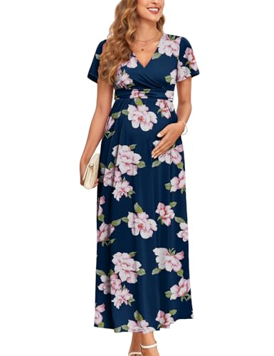 AISWI 2025 Women's Maternity Maxi Dress Long Sleeve Wrap V Neck Pregnancy Dresses with Pockets Baby Shower Photoshoot Formal - color: 1. Ruffle Sleeve, Floral Navy Blue, size: Small